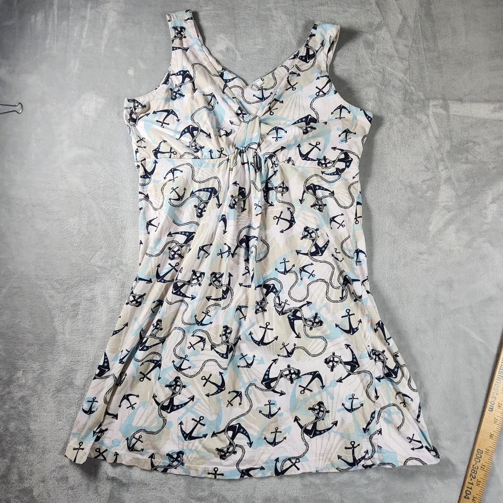 Lulu-B Anchor Print Dress Large Blue White Cotton V-Neck Sleeveless Preppy Beach